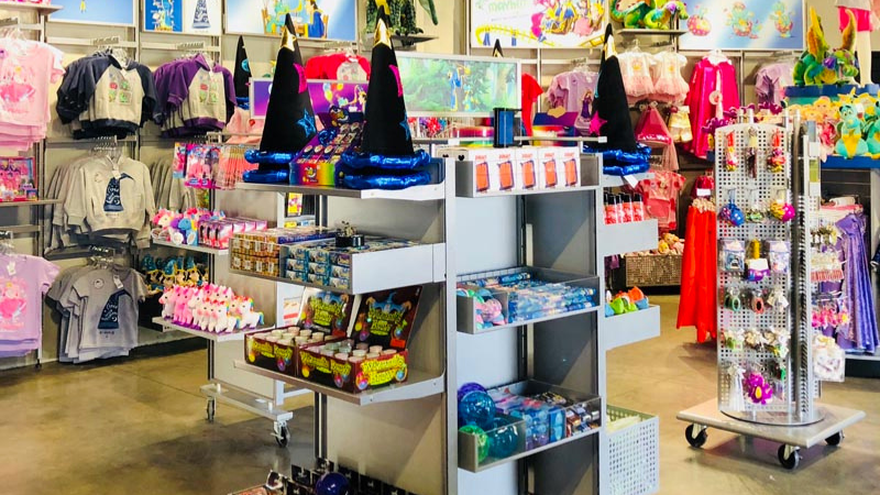 Dutch Wonderland merchandise on racks and hangers